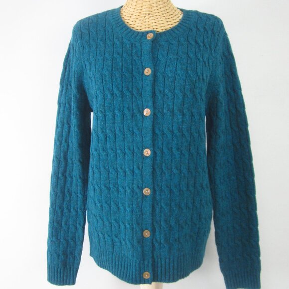 New Appleseeds Womens S Heather Teal Blue Purple Wool Long Sleeve Cable Cardigan - Picture 9 of 10